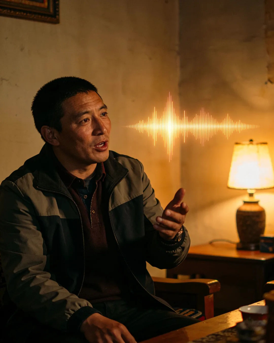 A Tibetan man speaking at home at night, a sound waveform beside him