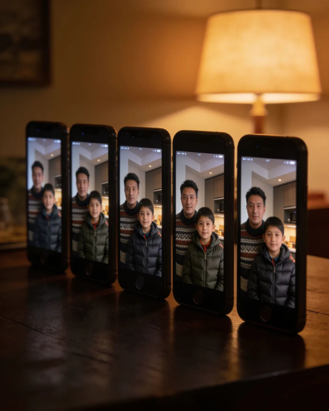 A row of phones showing episodes of the same family drama series