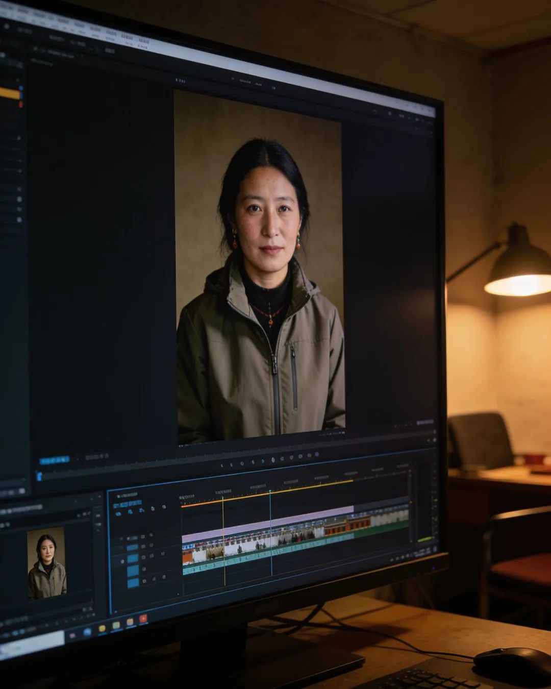 An editing suite with a vertical frame of a Tibetan woman in a plain modern jacket above a timeline