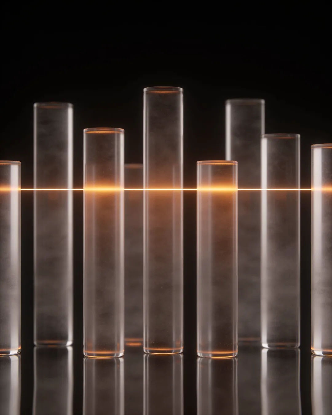 Glass columns of different heights with a glowing limit line