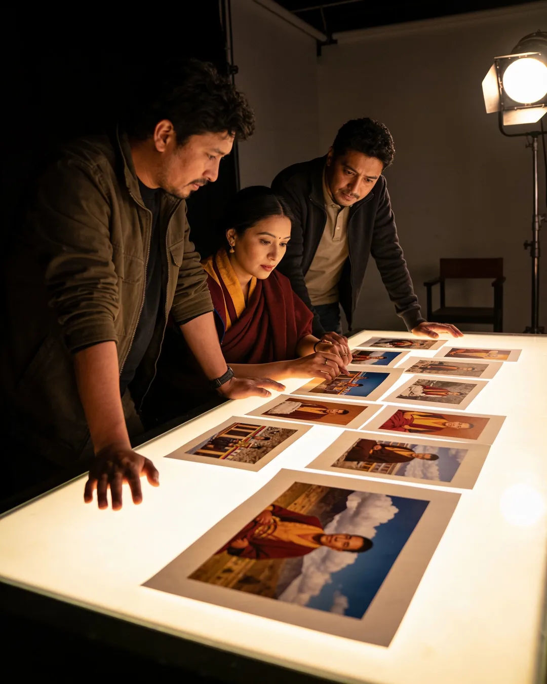 A production team reviewing printed frames on a lit table