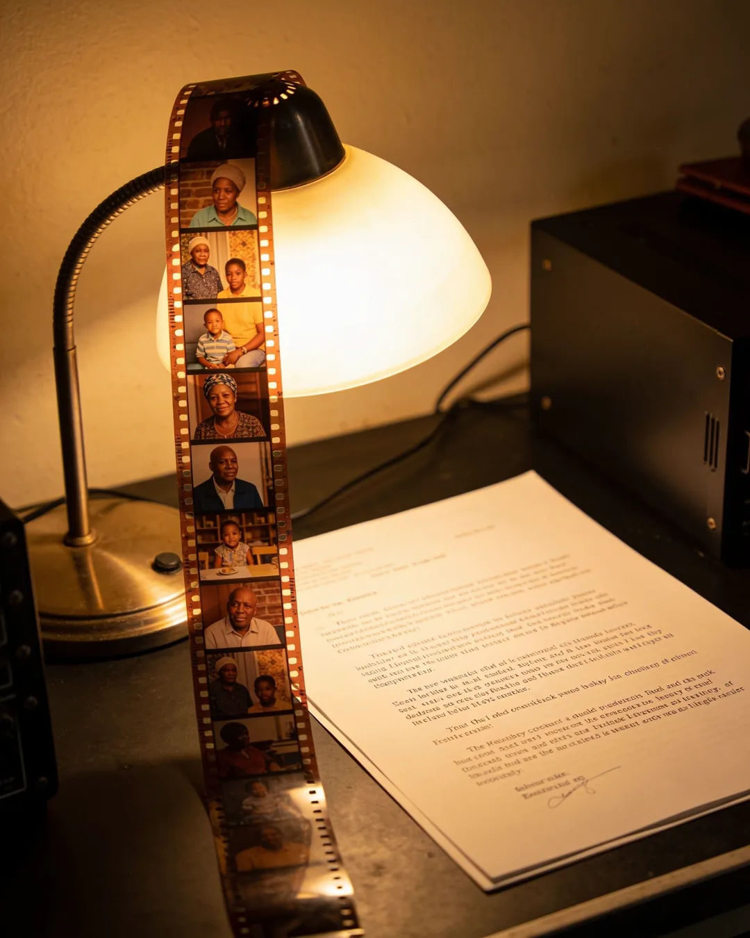 A screenplay page under a desk lamp beside a strip of film frames from a South African family drama