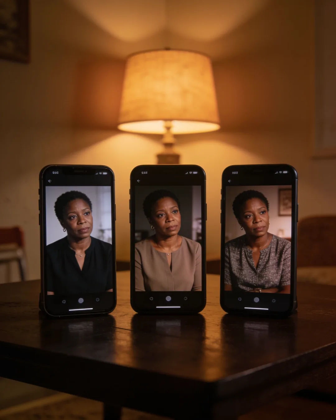 The same South African woman in a simple modern blouse on three vertical phone screens