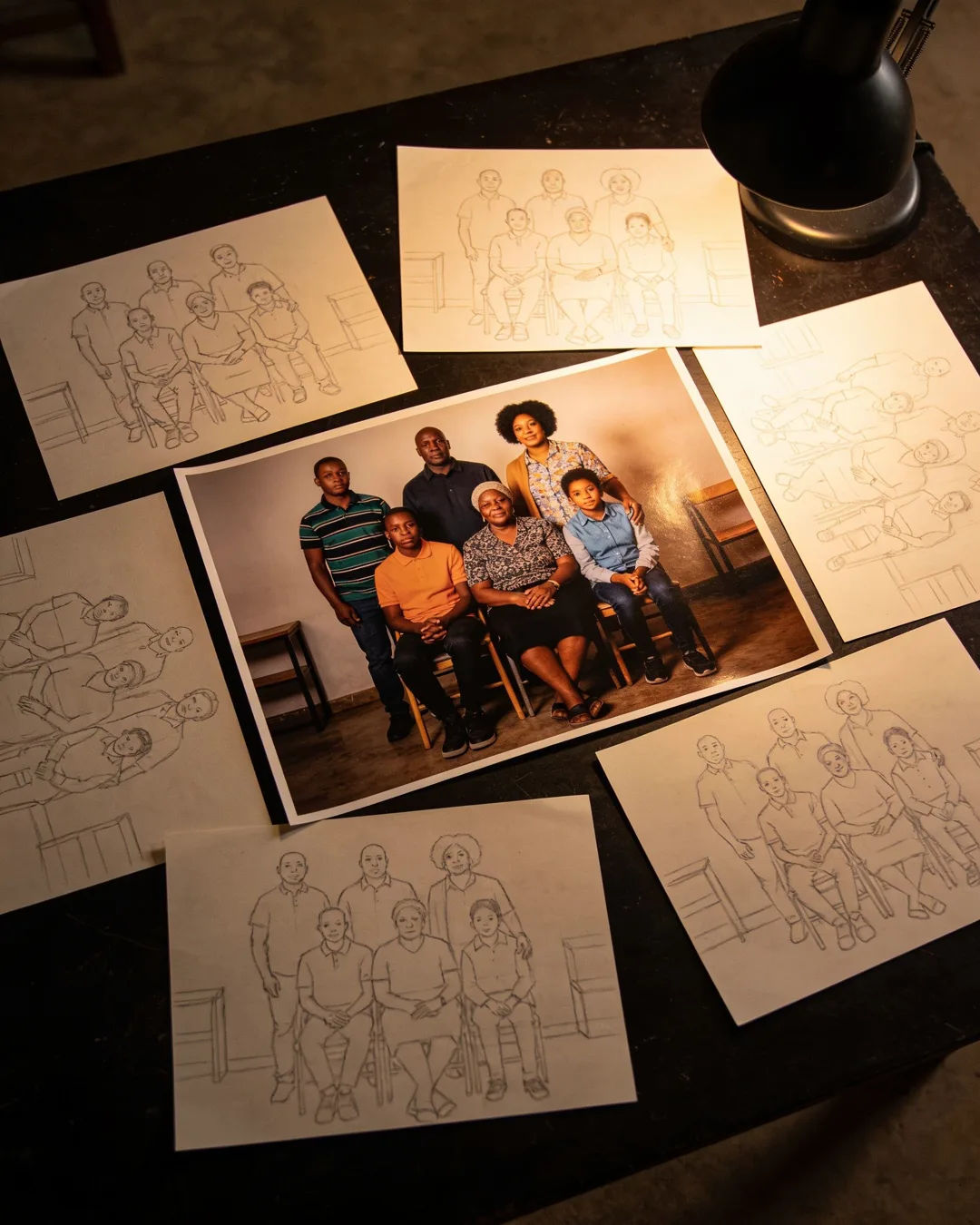 Pencil storyboard sketches around a finished photo of a South African family scene