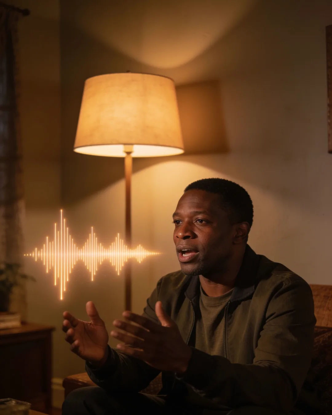 A South African man speaking at home at night, a sound waveform beside him
