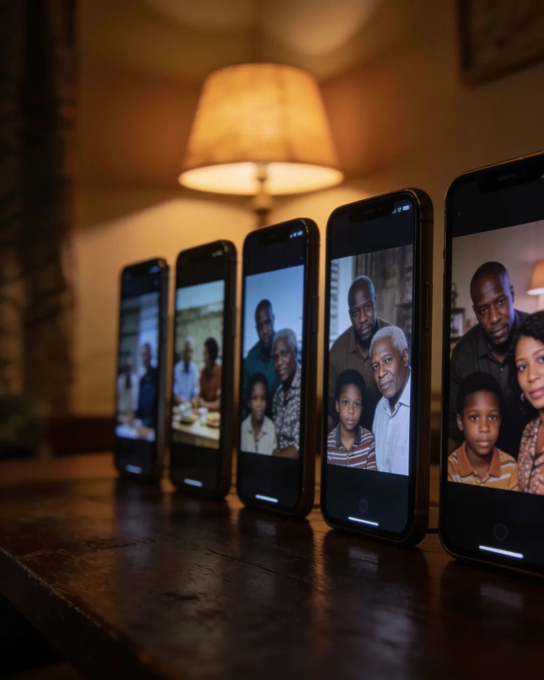 A row of phones showing episodes of the same South African drama series