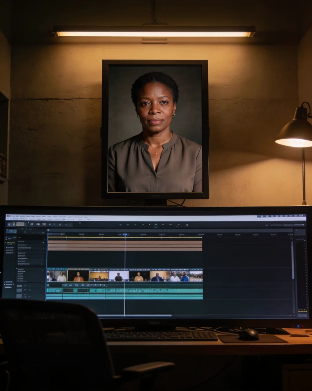 An editing suite with a vertical frame of a South African woman in a simple modern blouse above a timeline