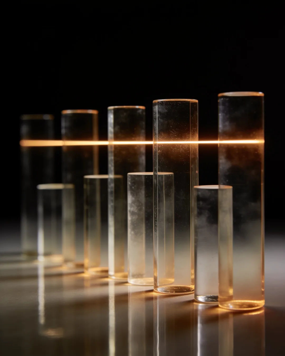Glass columns of different heights with a glowing limit line
