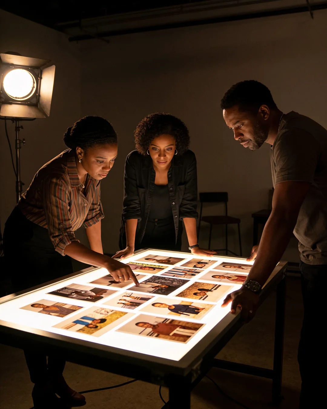 A South African production team reviewing printed frames on a lit table
