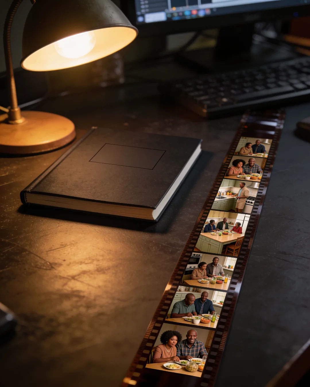 A closed script under a desk lamp beside a strip of film frames from a family drama