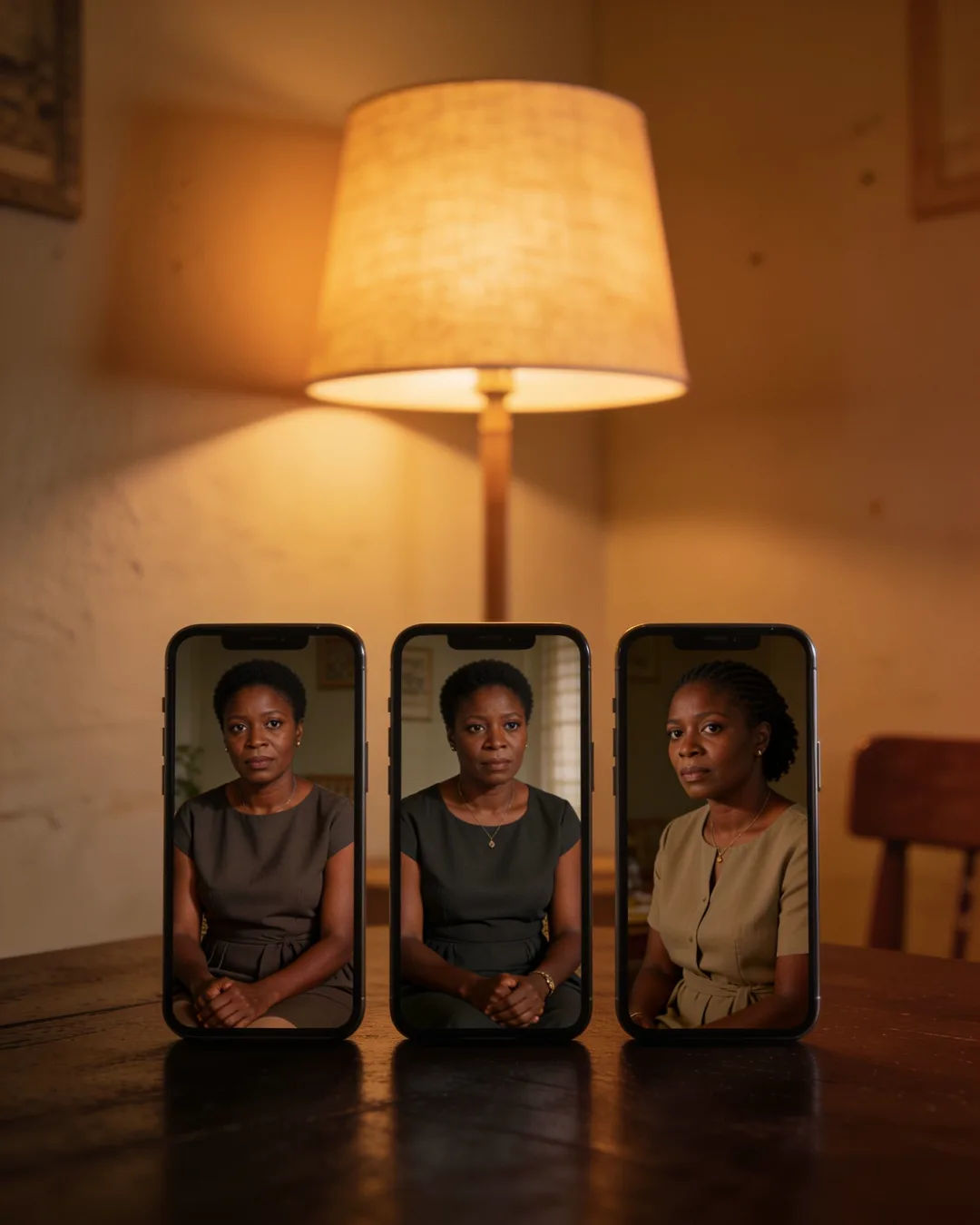 The same Motswana woman in a simple modern dress on three vertical phone screens