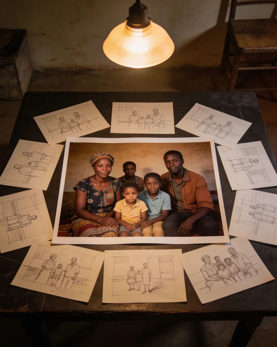 Pencil storyboard sketches around a finished photo of a Motswana family scene