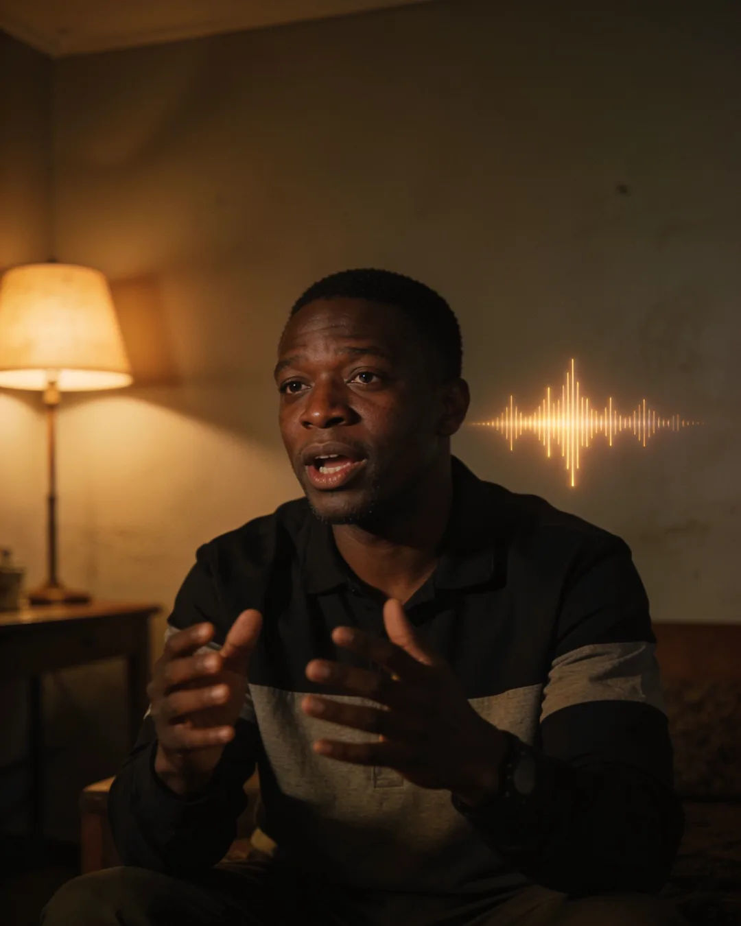 A Motswana man speaking at home at night, a sound waveform beside him