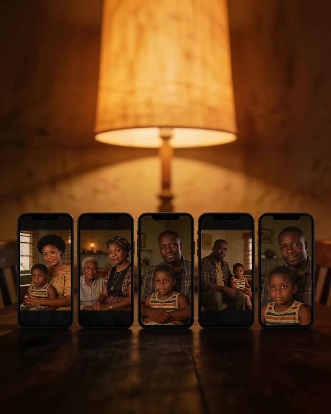 A row of phones showing episodes of the same Motswana drama series