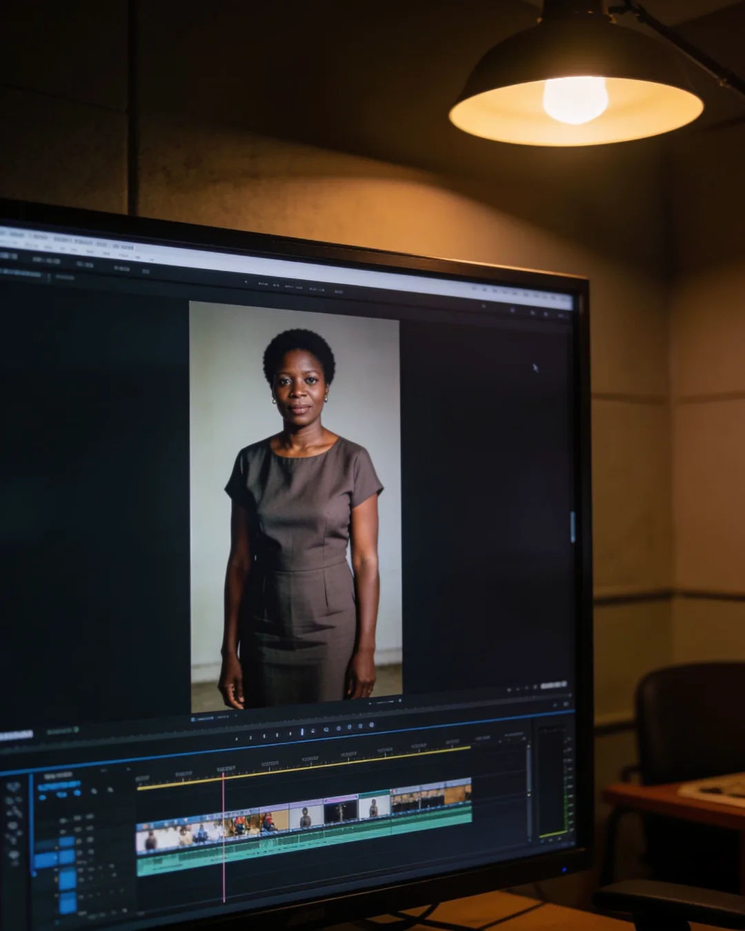 An editing suite with a vertical frame of a Motswana woman in a simple modern dress above a timeline