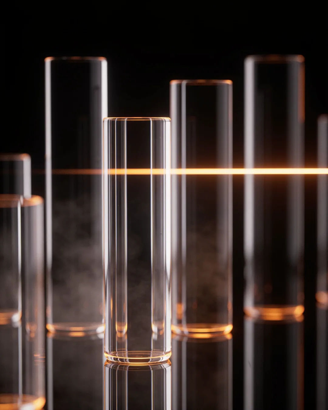 Glass columns of different heights with a glowing limit line