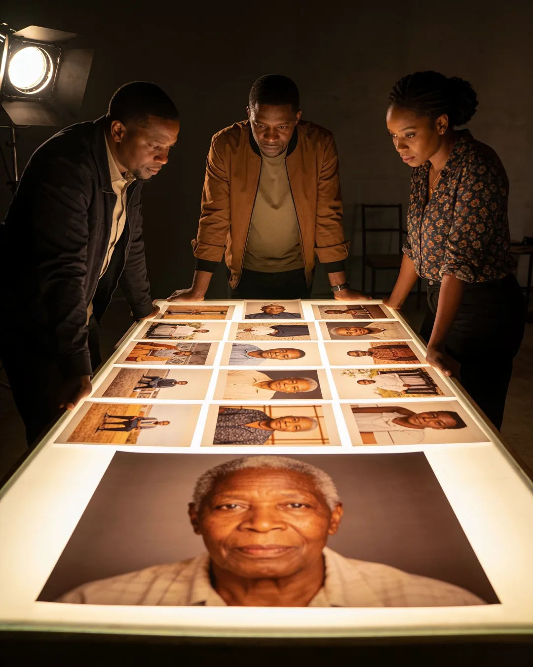 A Motswana production team reviewing printed frames on a lit table