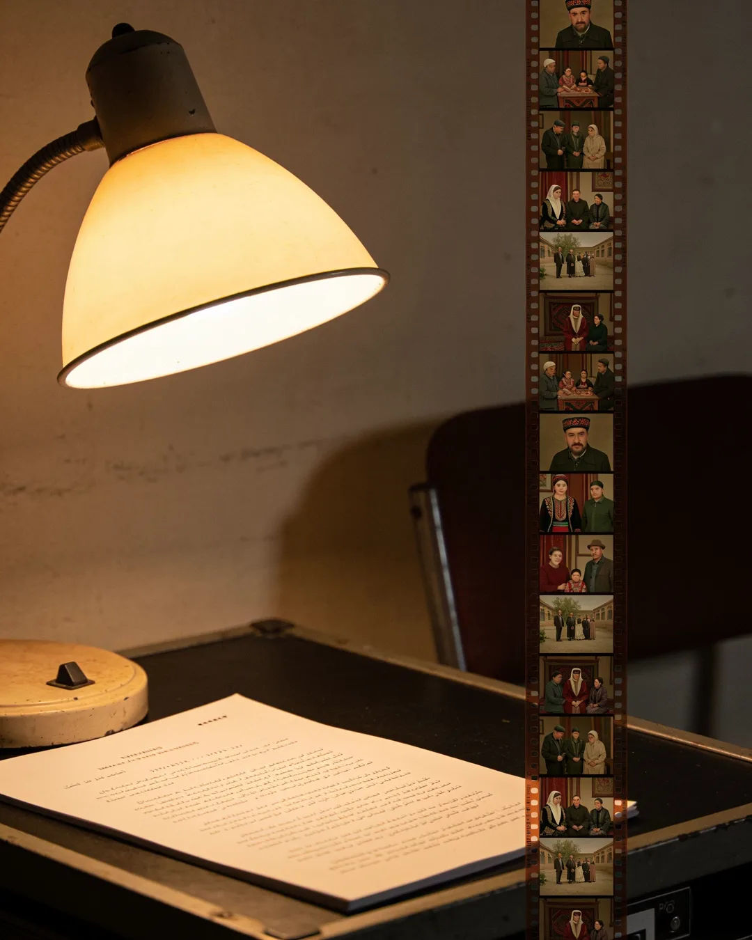 A screenplay page under a desk lamp beside a strip of film frames from a family drama