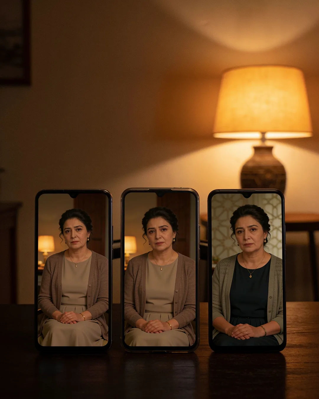 The same Uyghur woman in a plain modern dress and cardigan on three vertical phone screens
