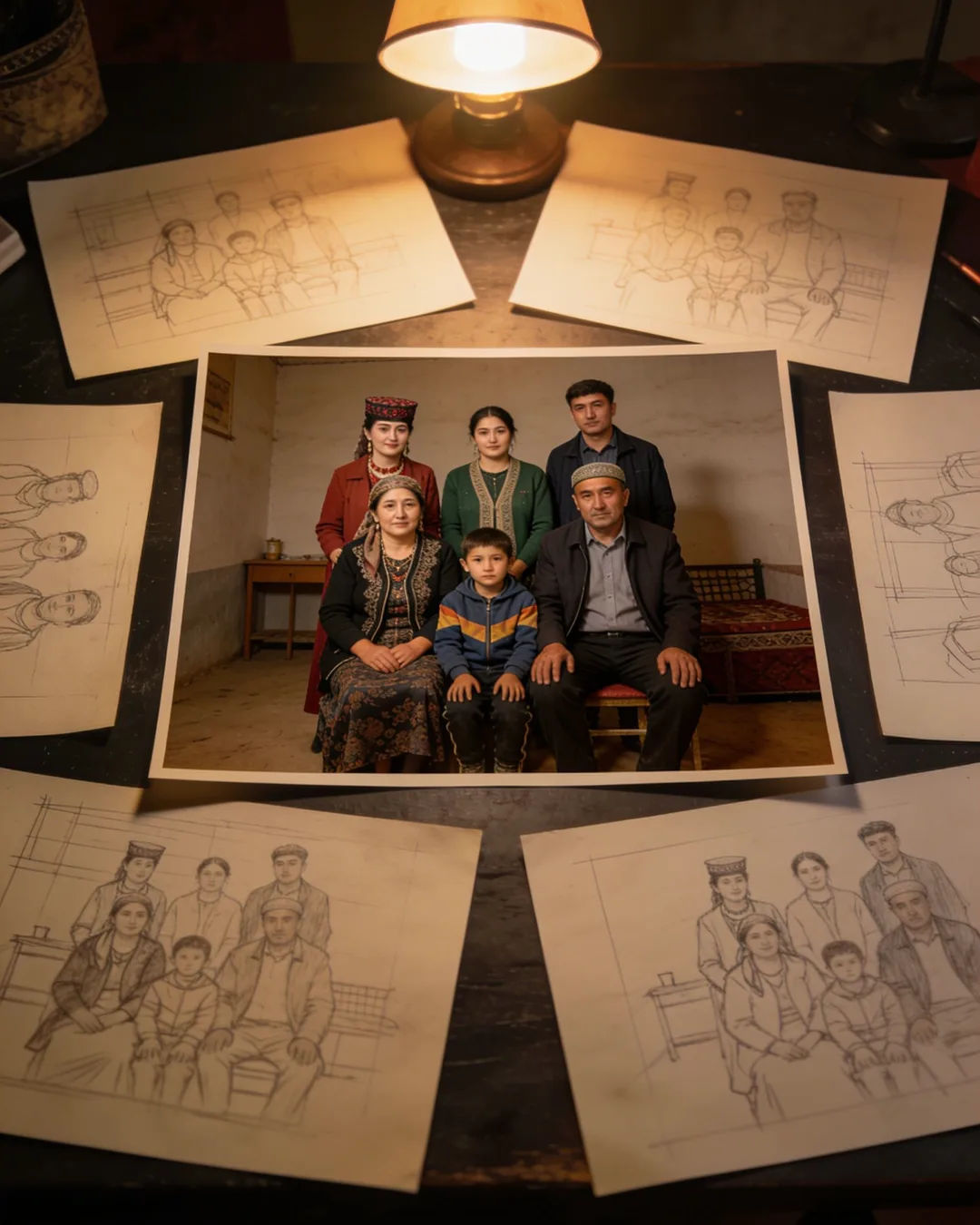 Pencil storyboard sketches around a finished photo of a Uyghur family scene