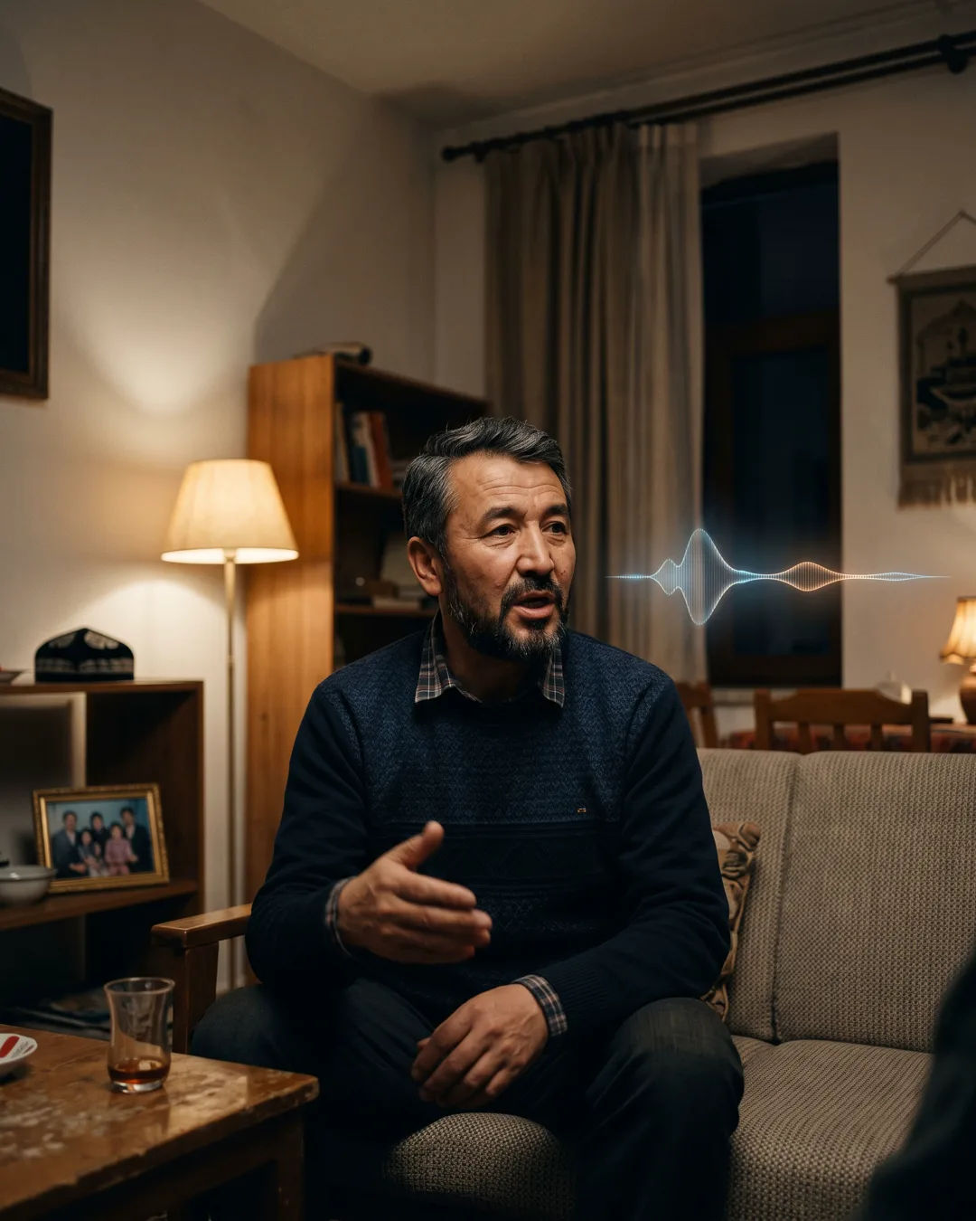 A Uyghur man speaking at home at night, a sound waveform beside him