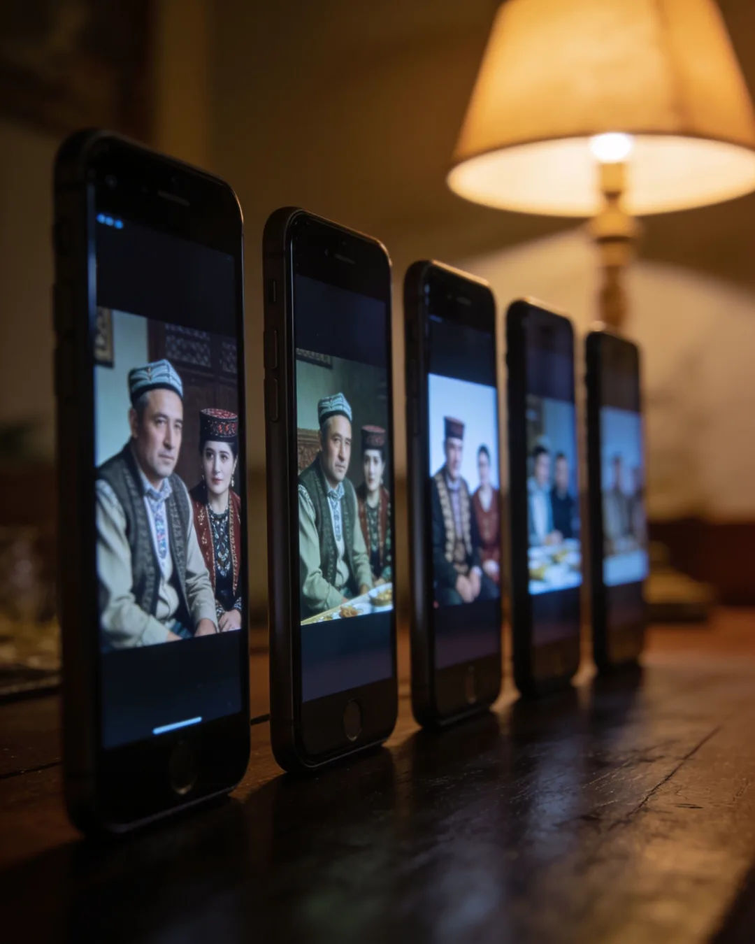 A row of phones showing episodes of the same Uyghur drama series