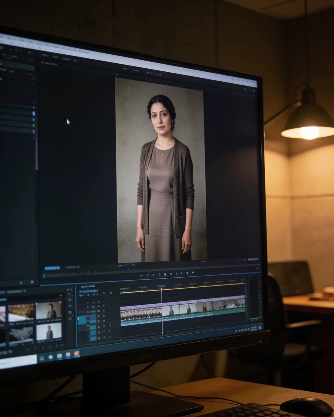 An editing suite with a vertical frame of a Uyghur woman in a plain modern dress and cardigan above a timeline