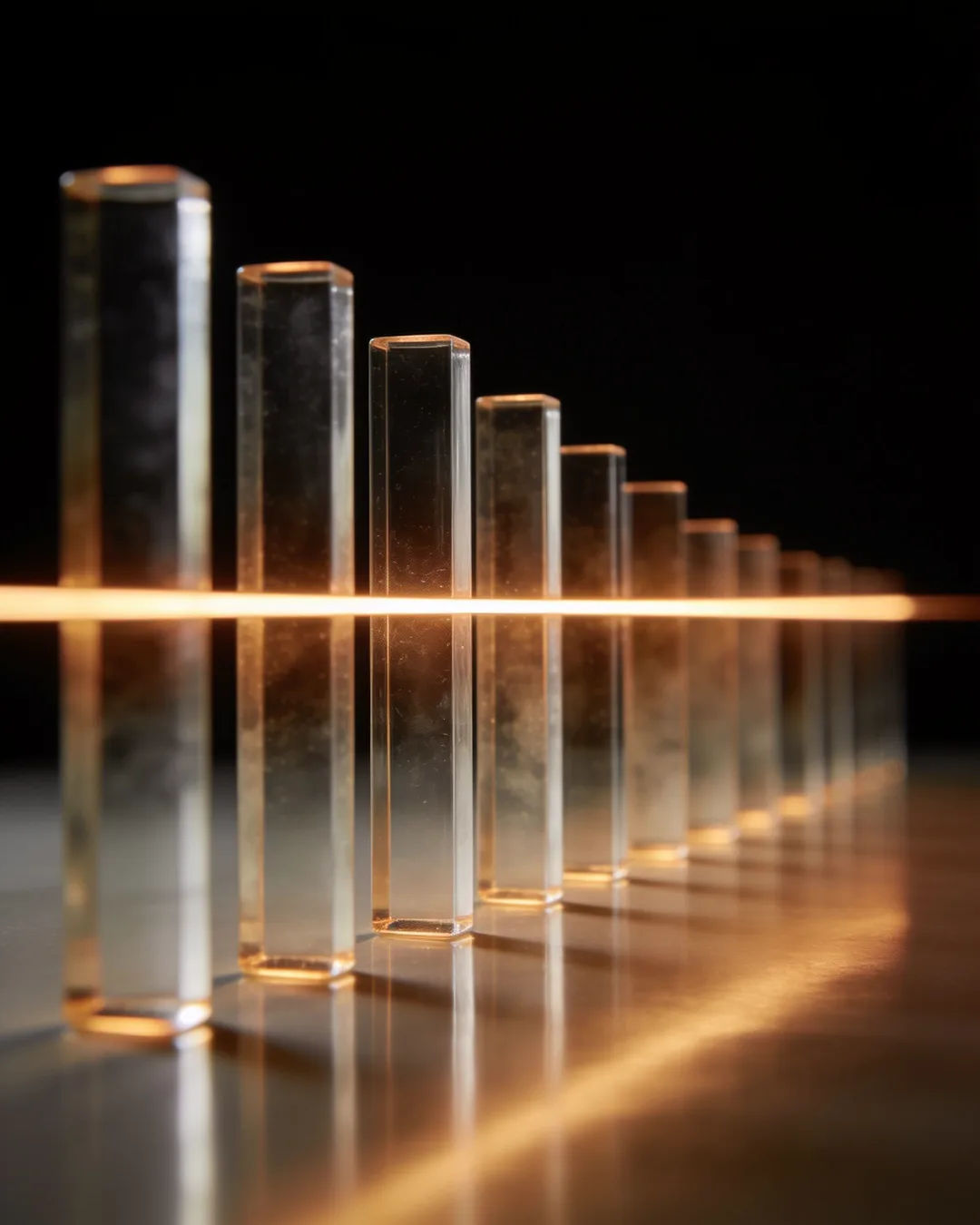Glass columns of different heights with a glowing limit line