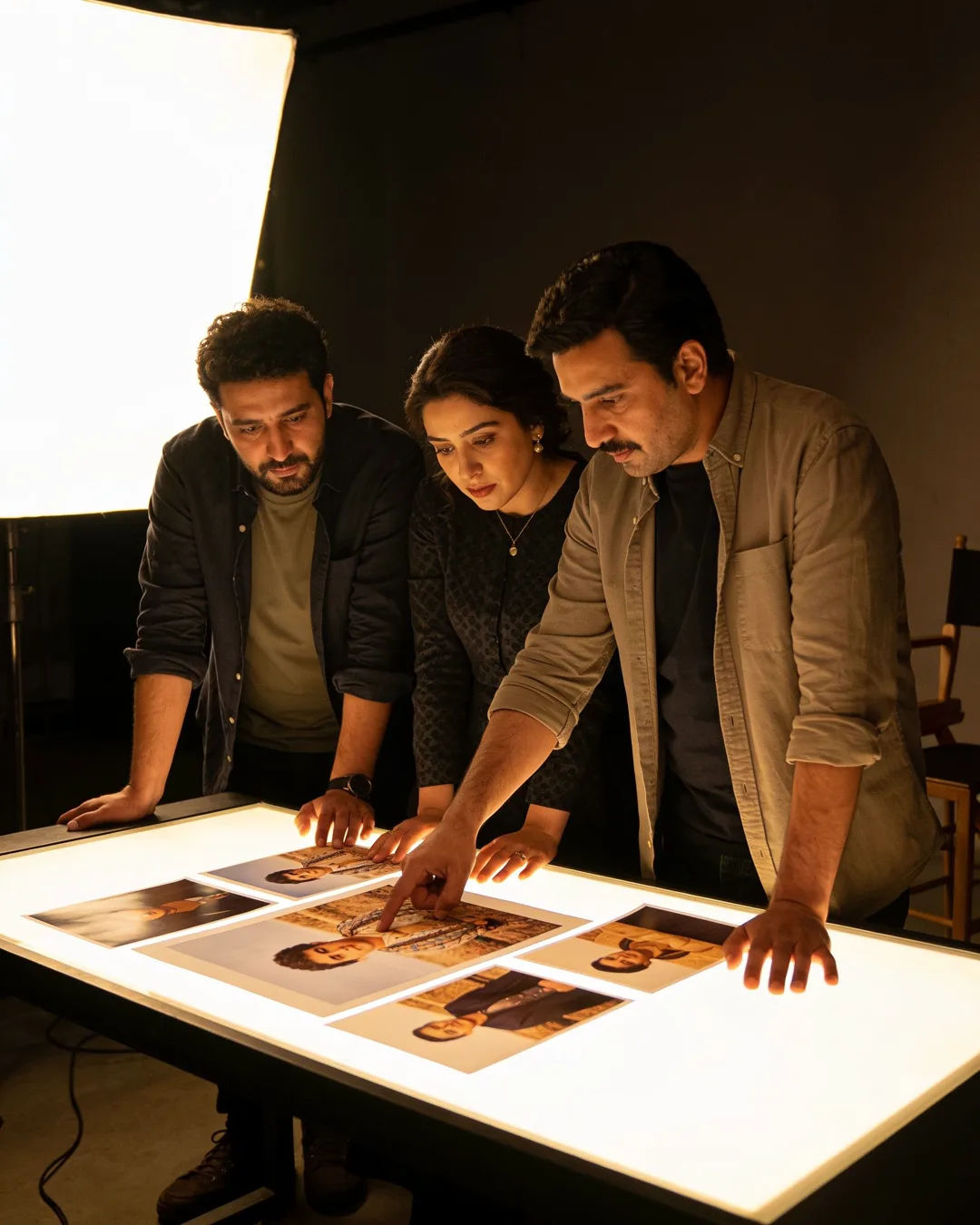 A Uyghur production team reviewing printed frames on a lit table