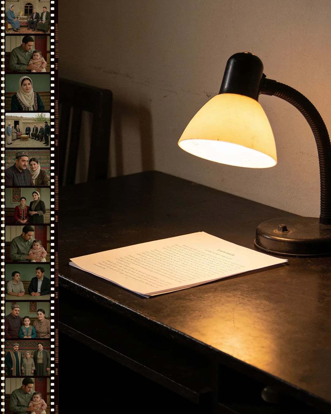 A screenplay page under a desk lamp beside a strip of film frames from an Uzbek family drama