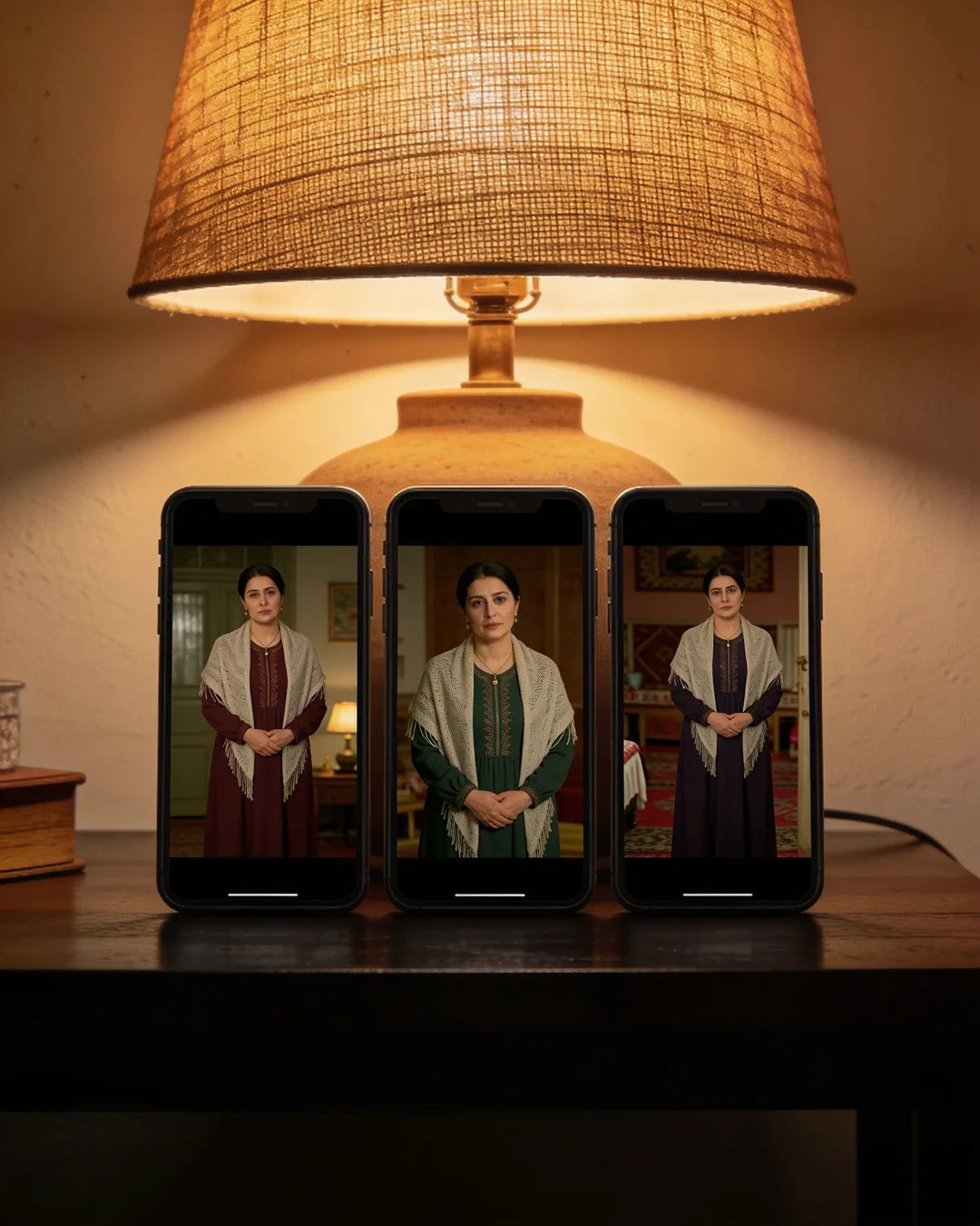 The same Uzbek woman in a modest long dress with a light shawl on three vertical phone screens