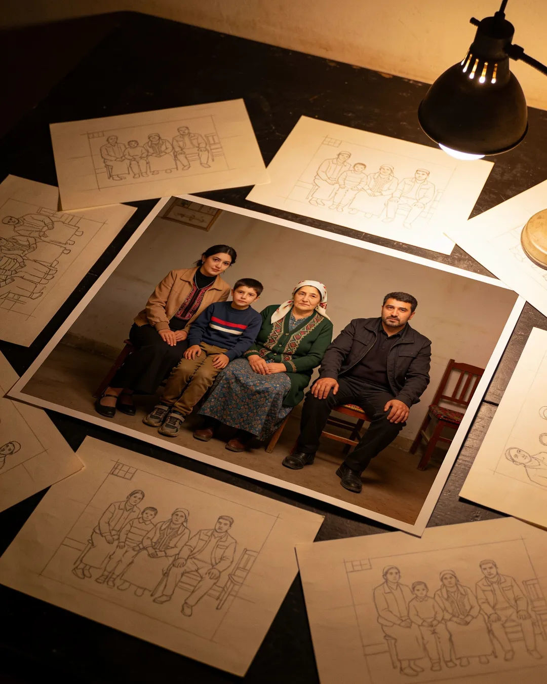 Pencil storyboard sketches around a finished photo of an Uzbek family scene