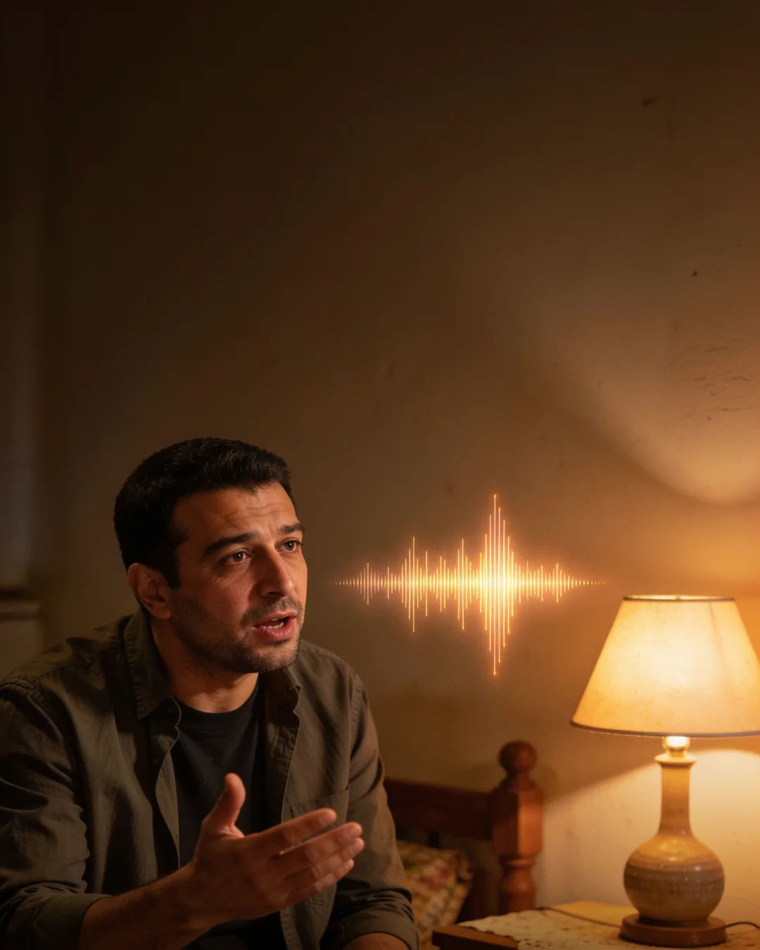 An Uzbek man speaking at home at night, a sound waveform beside him