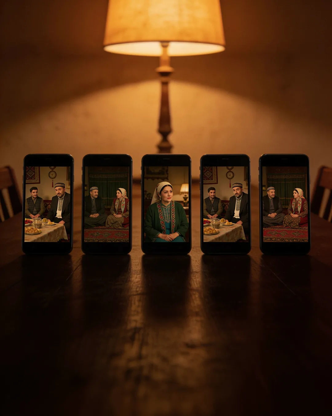 A row of phones showing episodes of the same Uzbek drama series