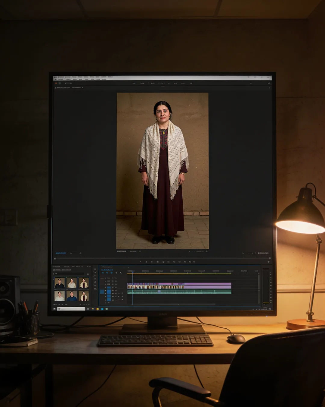 An editing suite with a vertical frame of an Uzbek woman in a modest long dress with a light shawl above a timeline