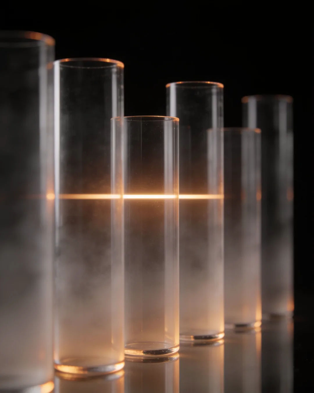 Glass columns of different heights with a glowing limit line