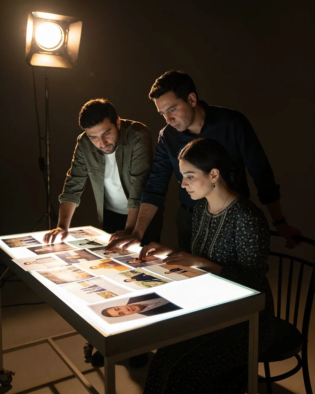 An Uzbek production team reviewing printed frames on a lit table