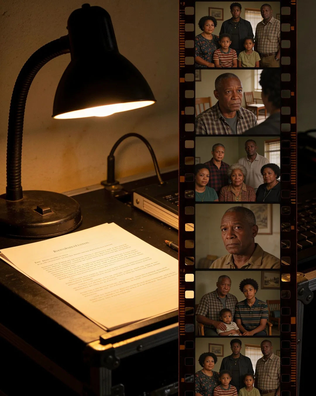 A screenplay page under a desk lamp beside a strip of film frames from a South African family drama