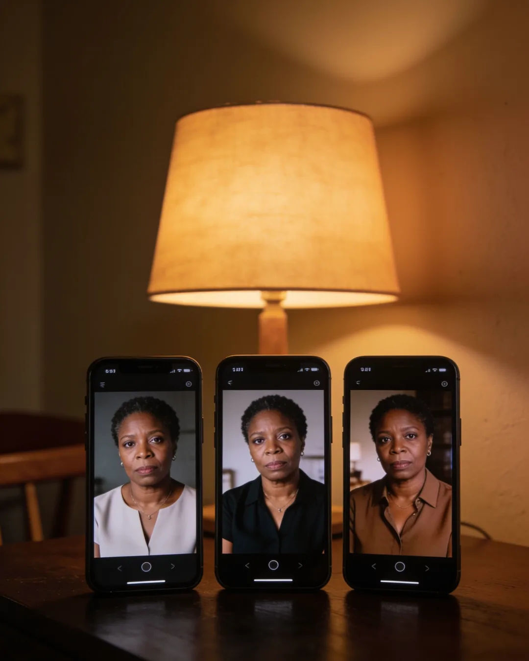 The same South African woman in a simple modern blouse on three vertical phone screens