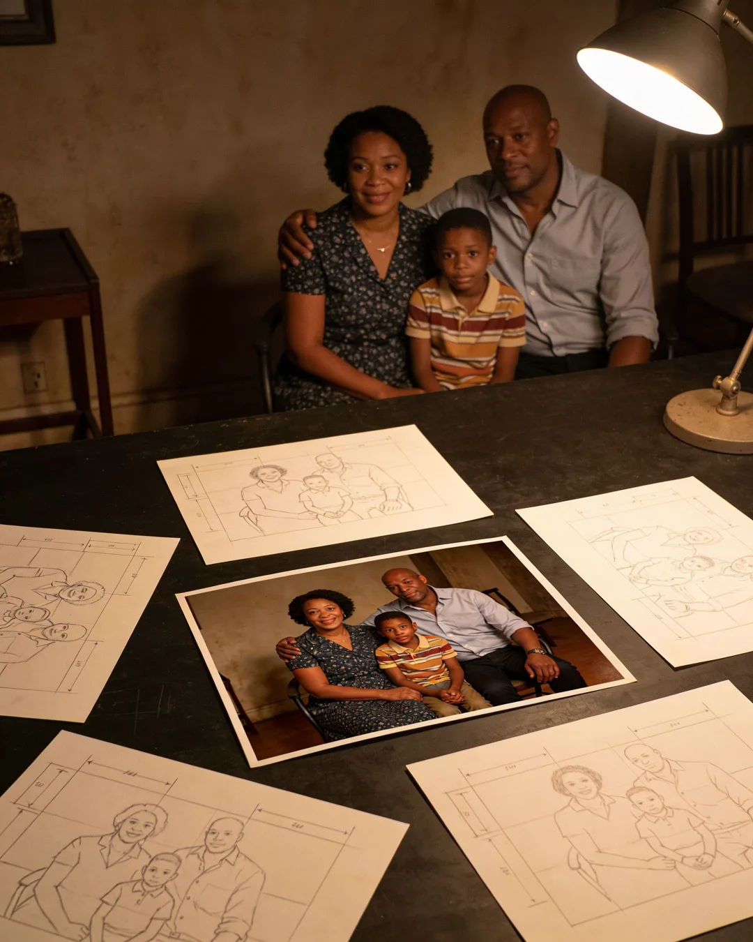 Pencil storyboard sketches around a finished photo of a South African family scene