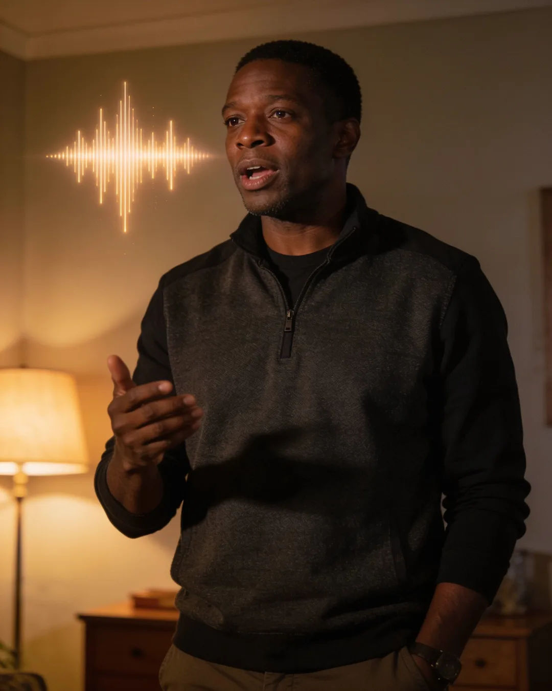A South African man speaking at home at night, a sound waveform beside him