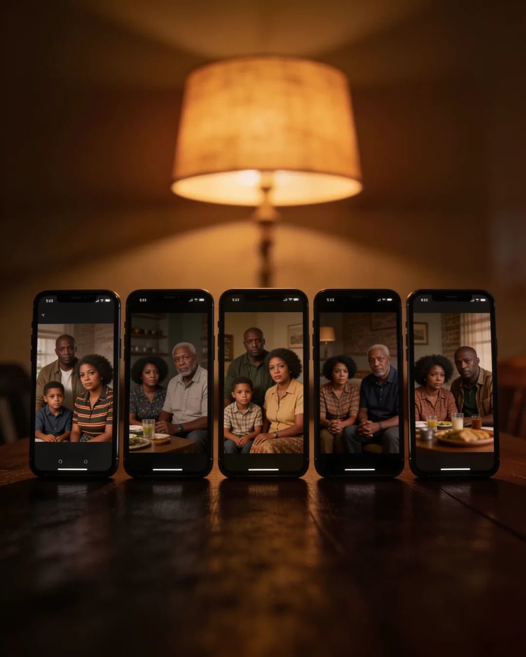 A row of phones showing episodes of the same South African drama series