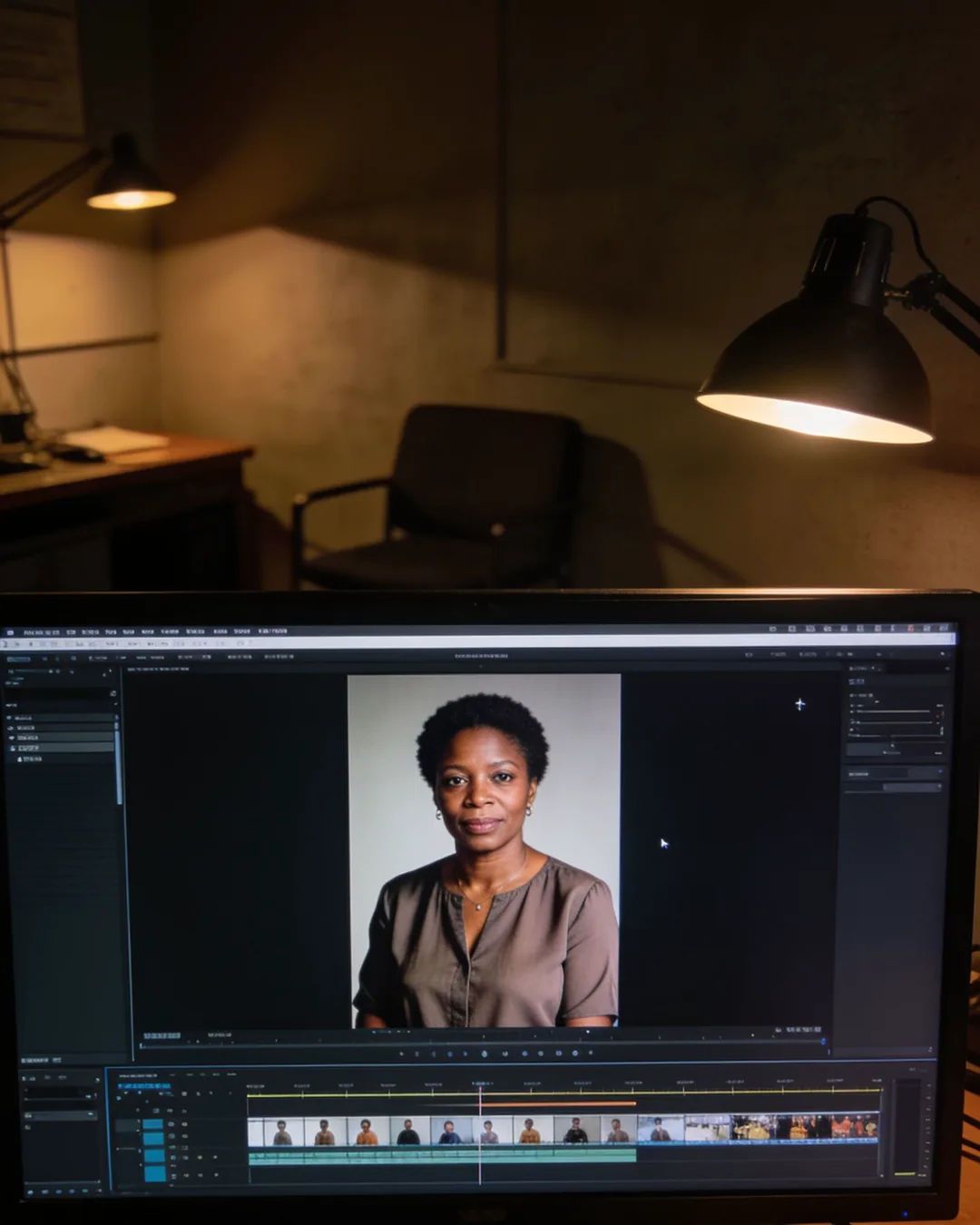An editing suite with a vertical frame of a South African woman in a simple modern blouse above a timeline