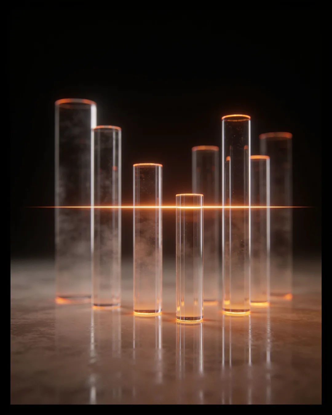 Glass columns of different heights with a glowing limit line