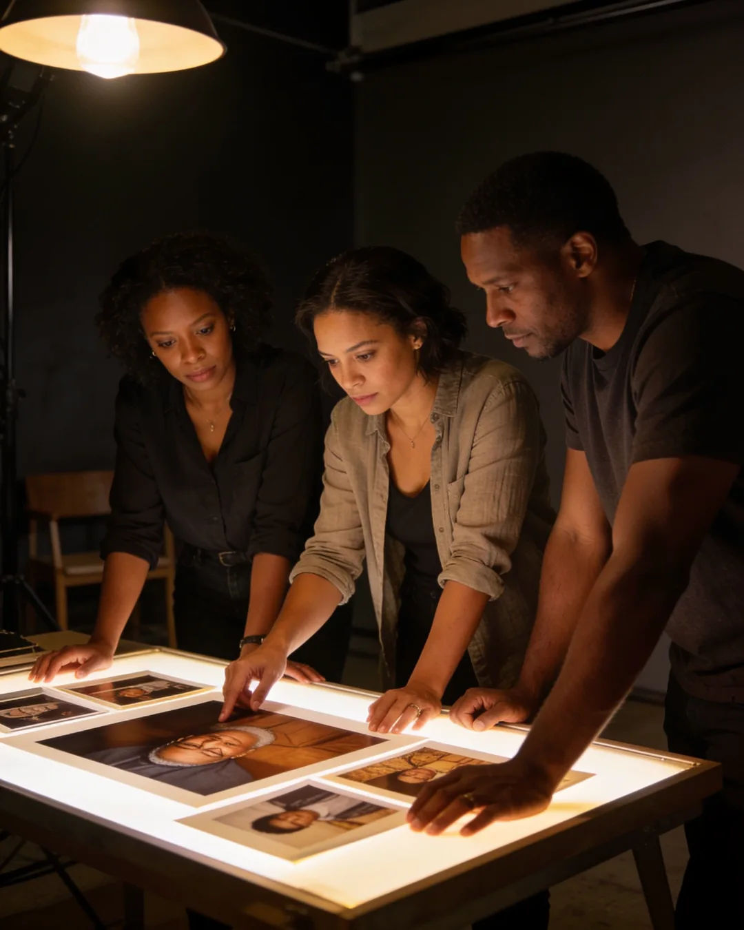 A South African production team reviewing printed frames on a lit table