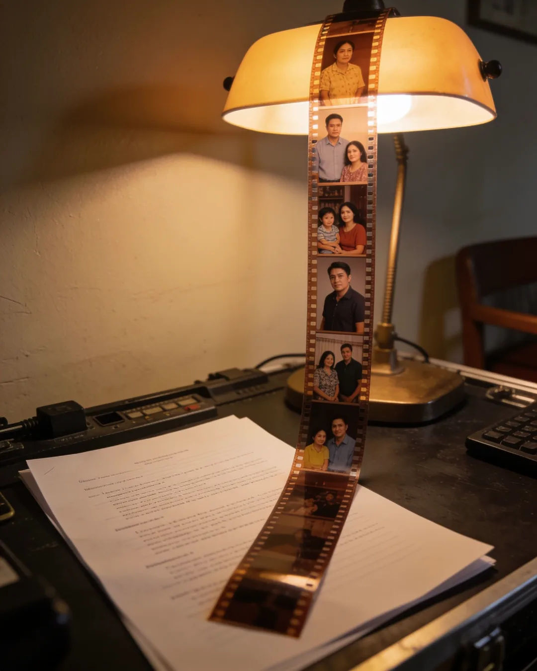 A screenplay page under a desk lamp beside a strip of film frames from a Filipino family drama