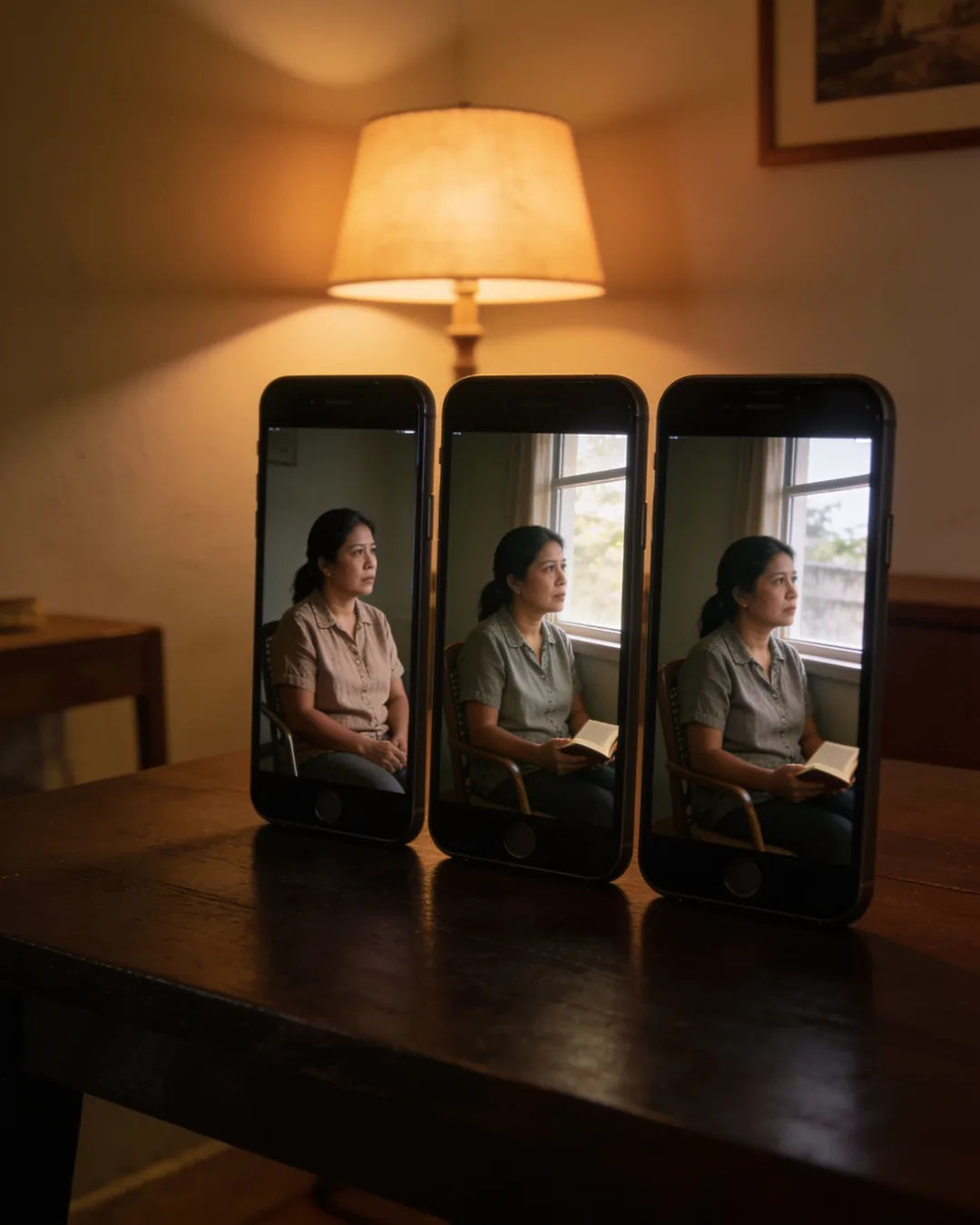 The same Filipino woman in a simple cotton blouse on three vertical phone screens