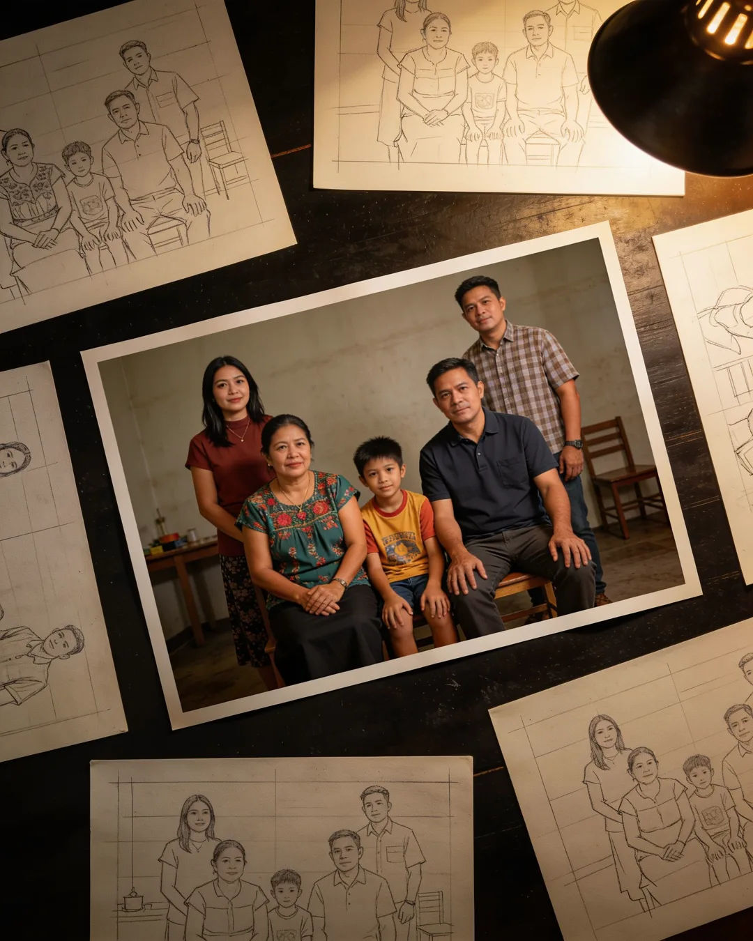 Pencil storyboard sketches around a finished photo of a Filipino family scene