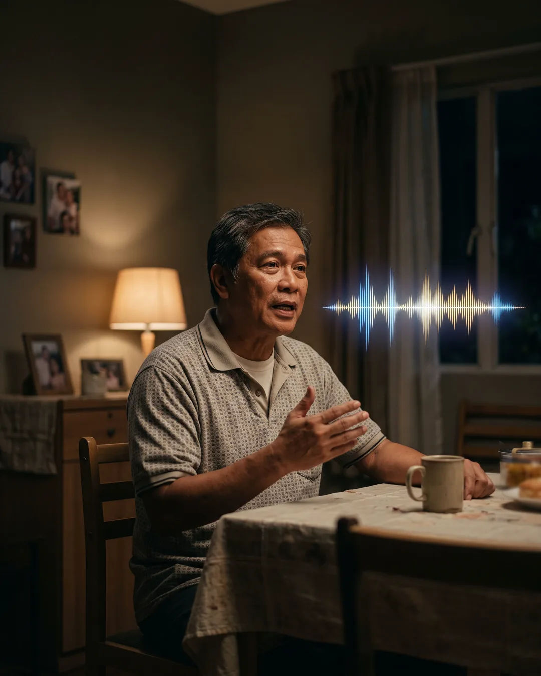 A Filipino man speaking at home at night, a sound waveform beside him