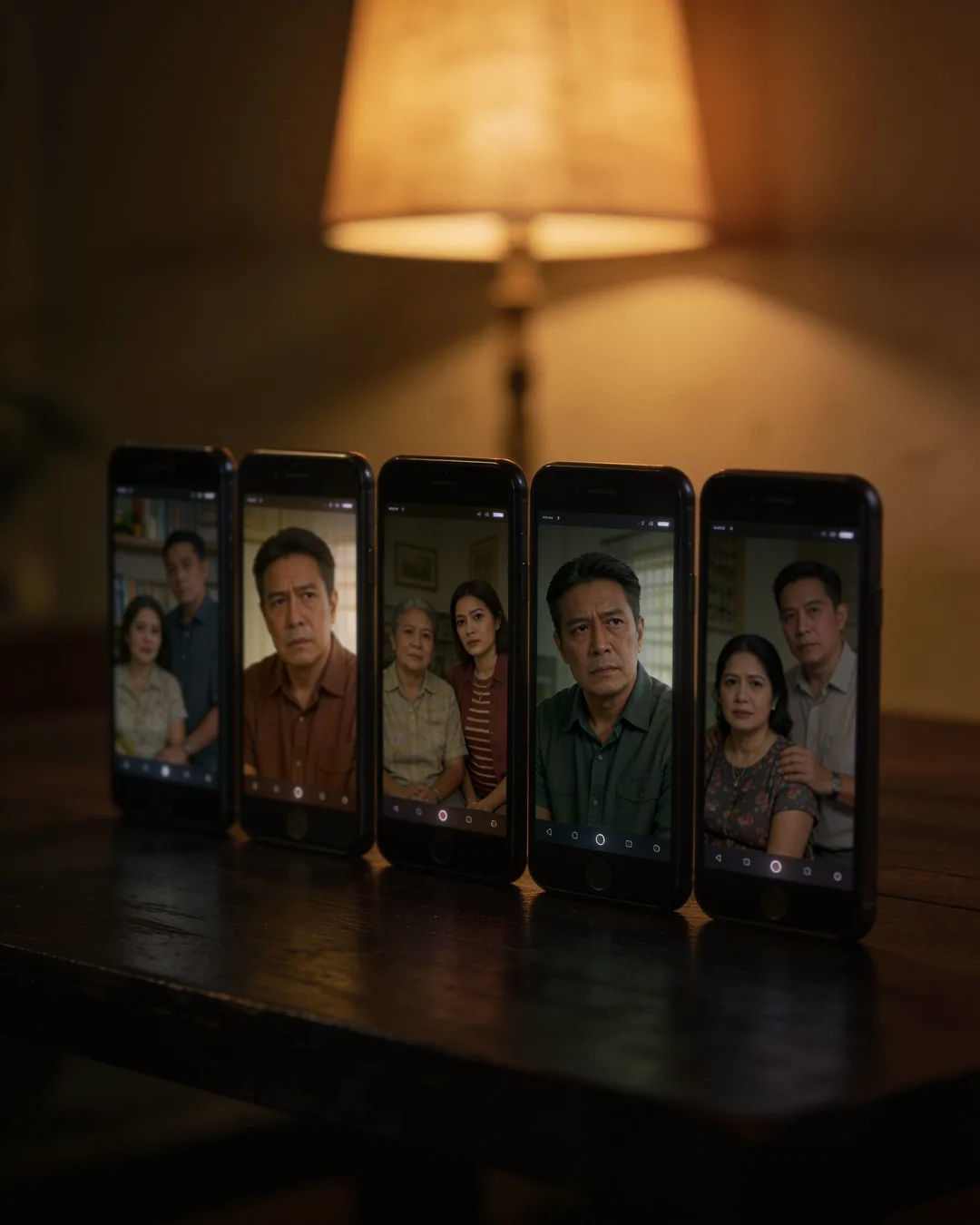 A row of phones showing episodes of the same Filipino drama series